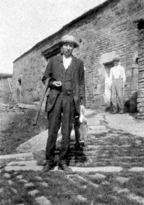 Barty Pickard at Andrew's Farm, Chinley with John Wealleans at the back (1920s)